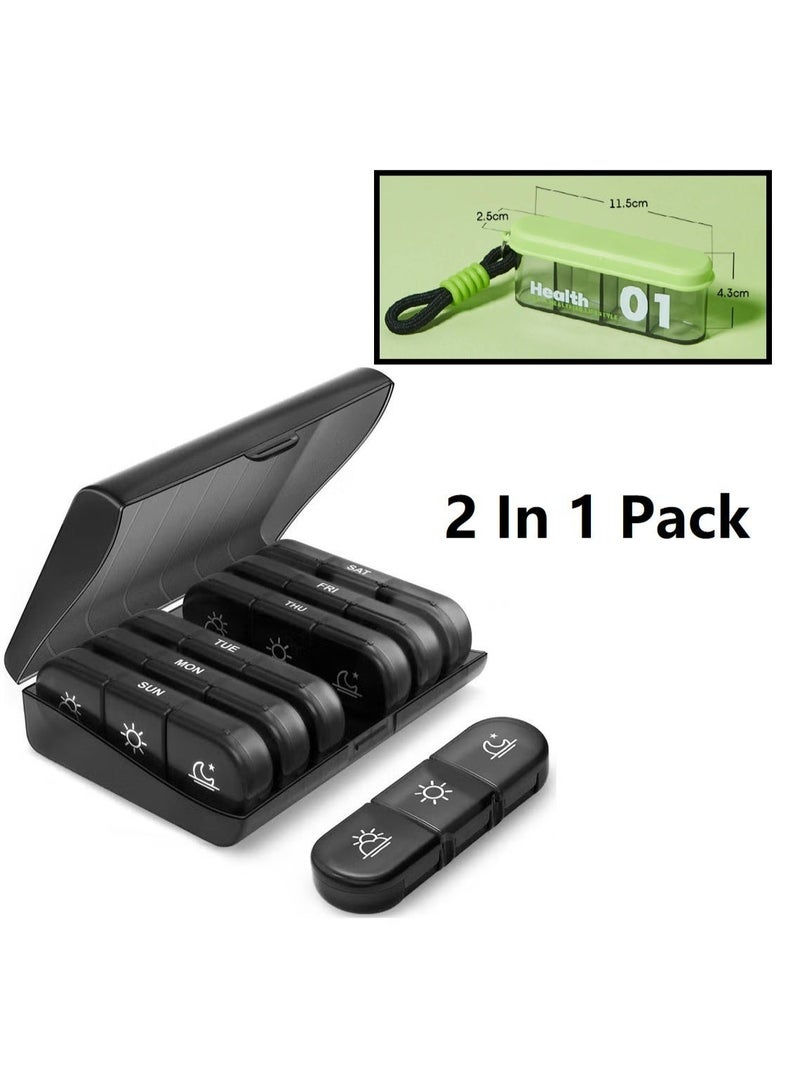 Weekly Pill Organizer +4-compartment mini pillbox 3 Times A Day, Portable Travel Pill Box 7 Day with Large Compartments, Portable Travel Pill Case for Vitamins, Medicine, Fish Oils, Supplements (Black) - Image 1